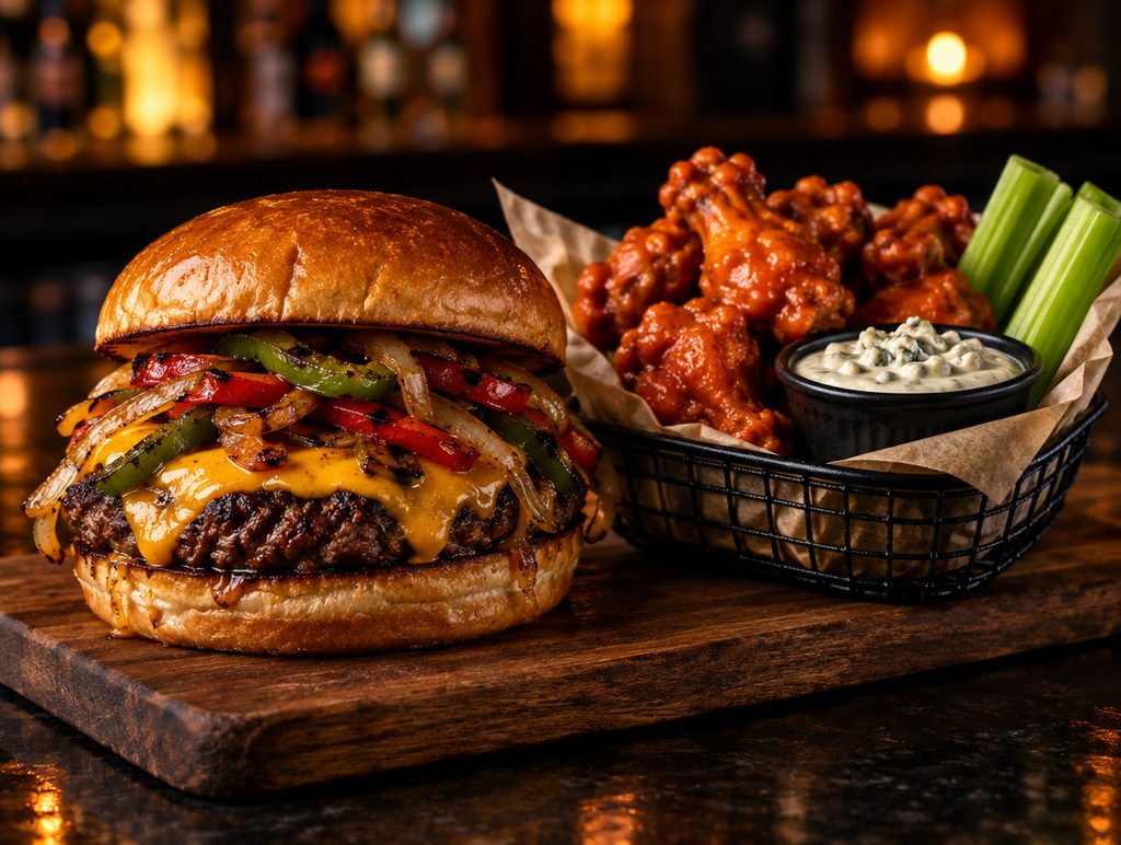 Cheeseburger and buffalo wings