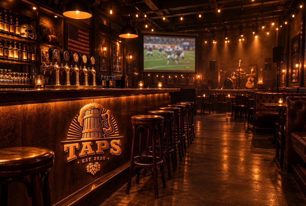 Inside Taps & Grill: the bar, the taps and the stage